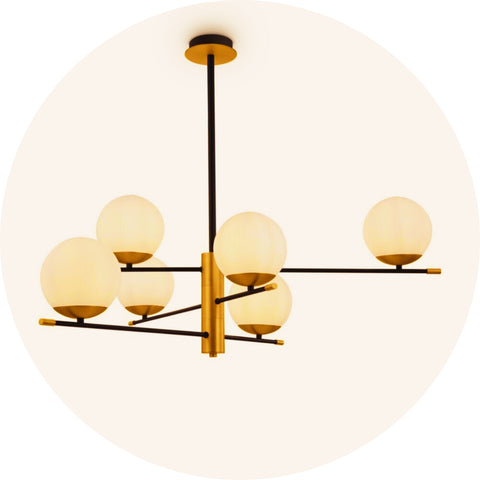 une suspension luminaire chic et moderne avec 6 globes lumineux.