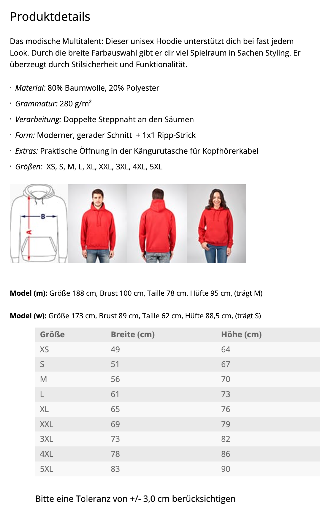 Größentabelle Hoodie Unisex IYBF