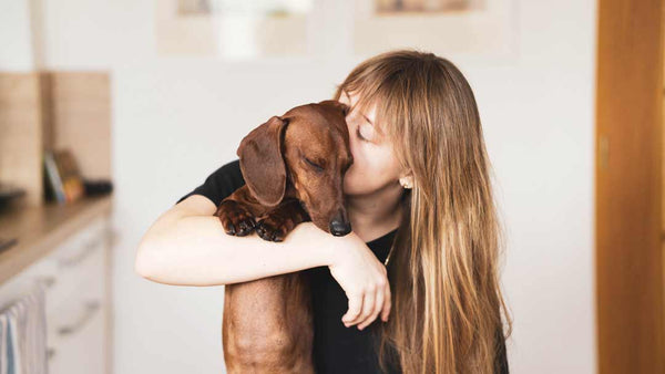 girl hugging her dog and kissing its face