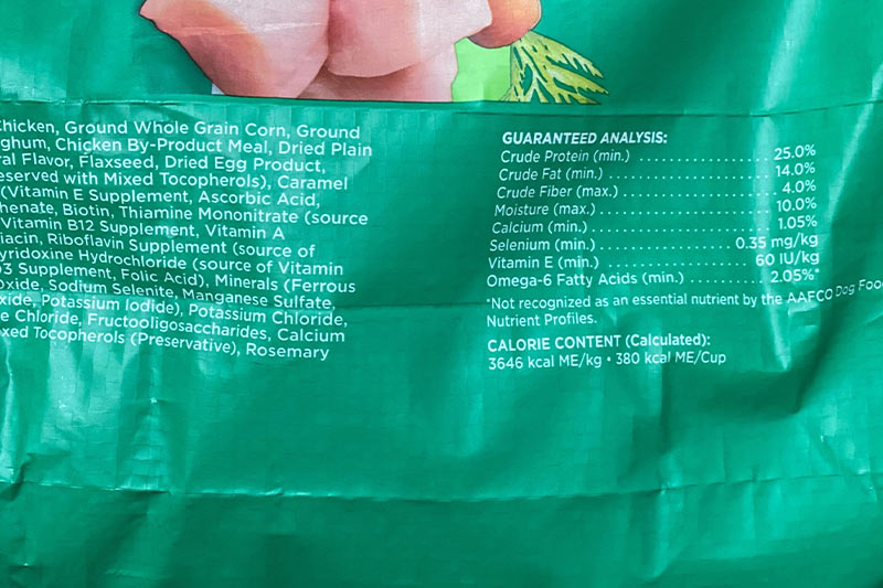 dog food bag nutrition label