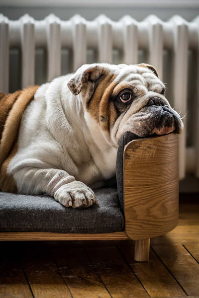 overweight dog sits in chair looking up