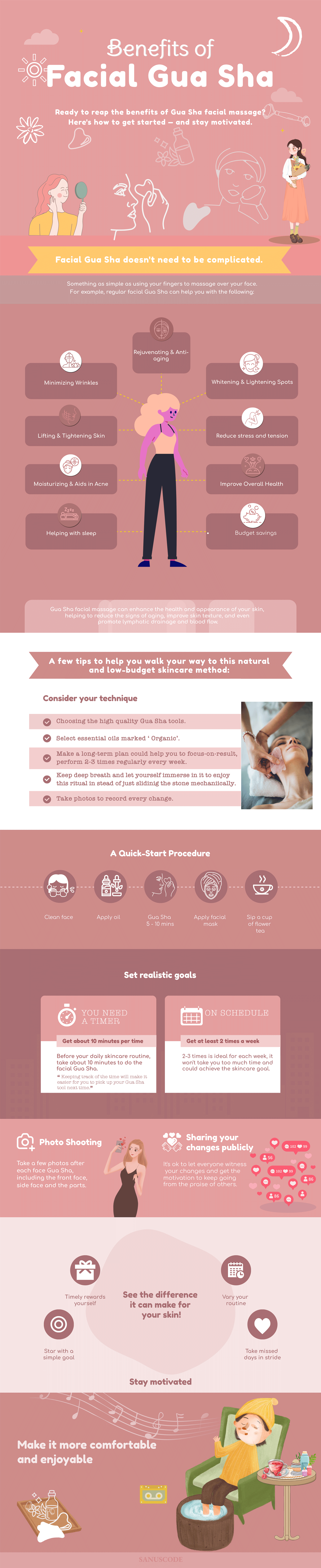 nine 9 benefits of facial gua sha massage infographic warm tips to use this traditional Chinese medical skincare for long time to improve overall health and skin, pink background