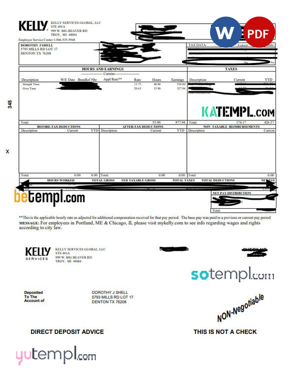 Kelly services paystub Word and PDF template katempl