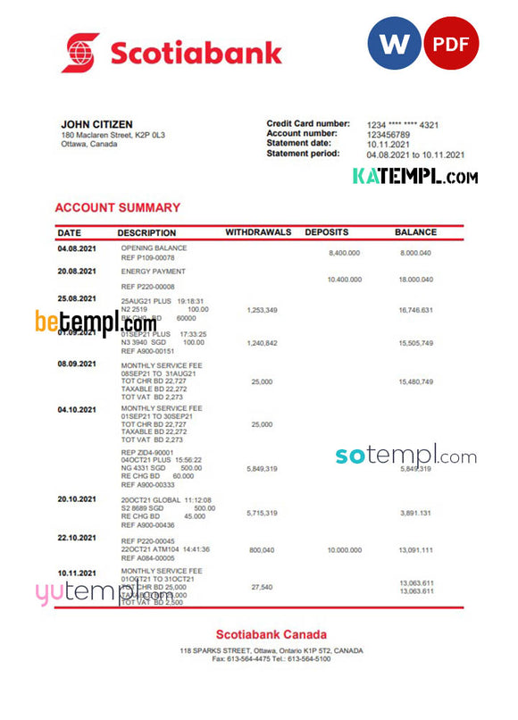 Canada Scotiabank Bank Statement Template In Word And Pdf Format Katempl 4779