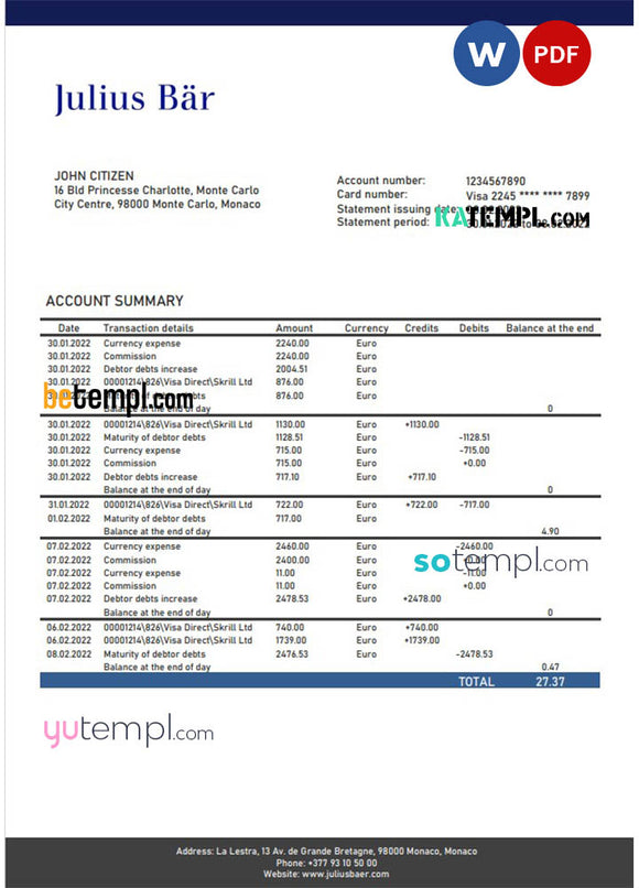 Monaco Julius Bar bank statement easy to fill template in Word and PDF ...