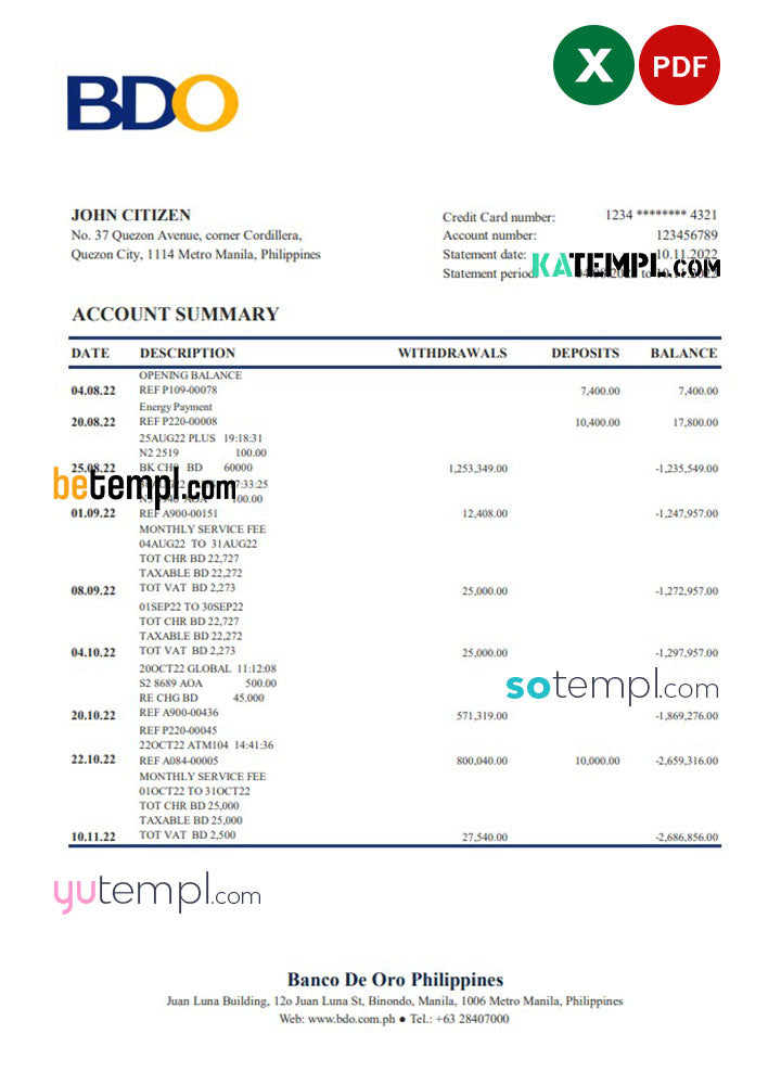 Philippines Bdo Bank Statement Template In Word And P