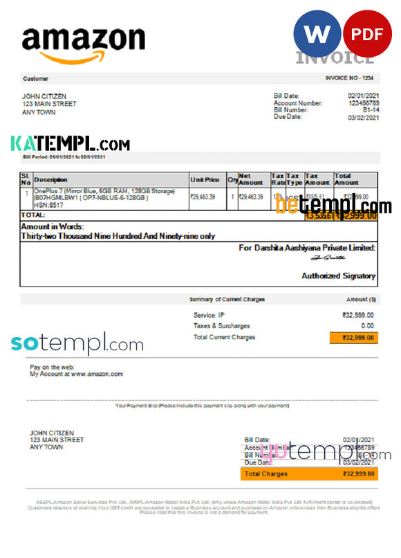 USA Amazon invoice template in Word and PDF format, fully editable