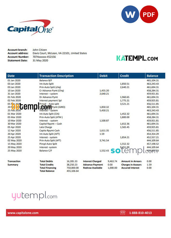 USA Capital One bank statement template, fully editable in PSD format