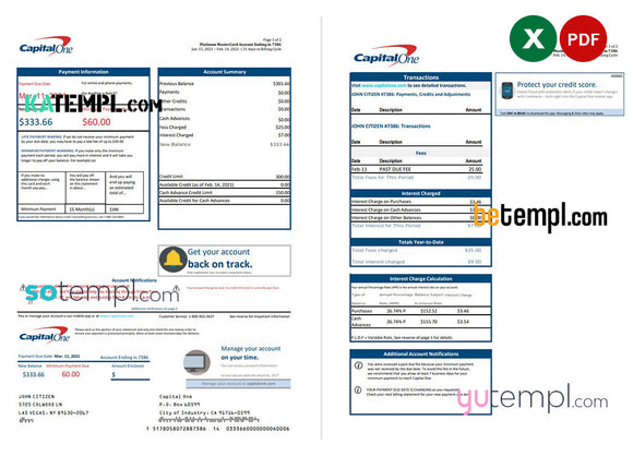 USA Capital One bank statement template in Excel and PDF format (2 pag ...