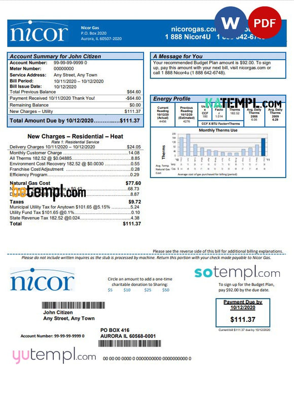 USA Illinois Nicor gas utility bill template in Word and PDF format