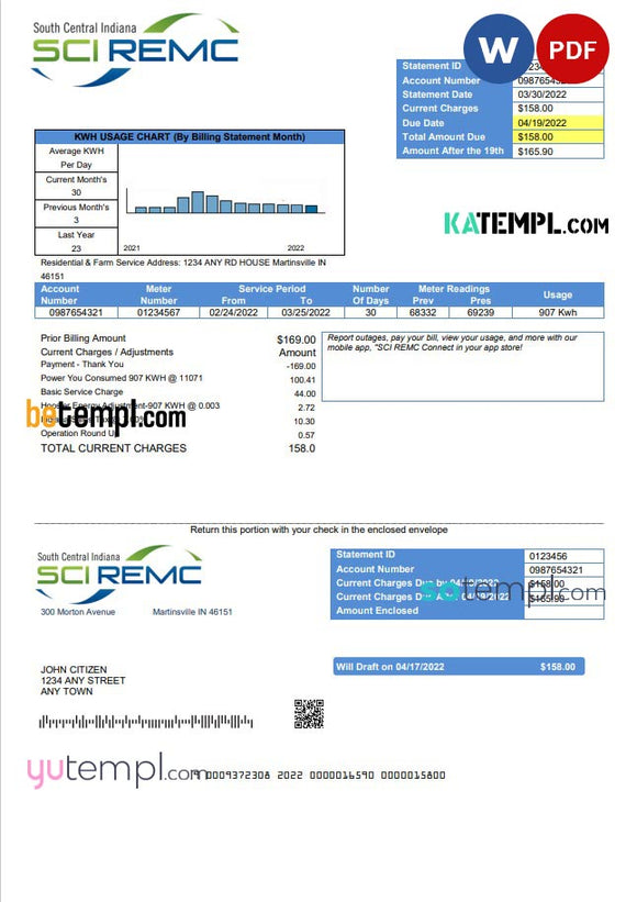USA Indiana SCI REMC utility bill template in Word and PDF format – katempl
