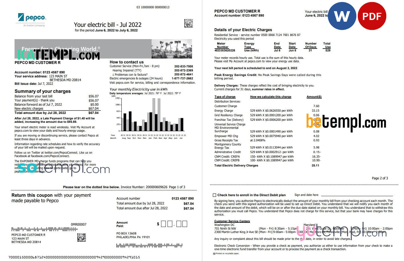 Usa Maryland Pepco Utility Bill Word And Pdf Template 3 Pages Katempl 0688