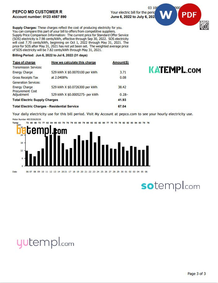 Usa Maryland Pepco Utility Bill Word And Pdf Template 3 Pages Katempl 9746