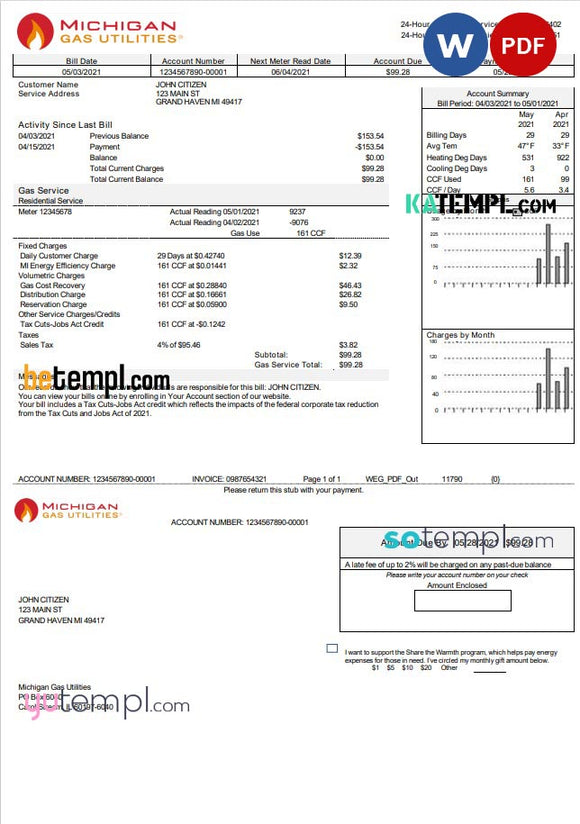 USA Michigan Gas Utilities Utility Bill Template In Word And PDF Forma 