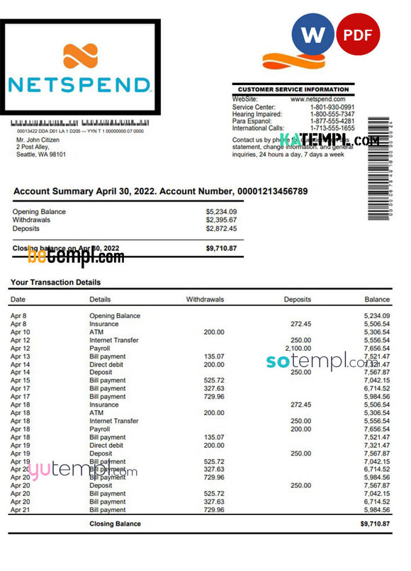 USA Netspend bank statement Word and PDF template katempl
