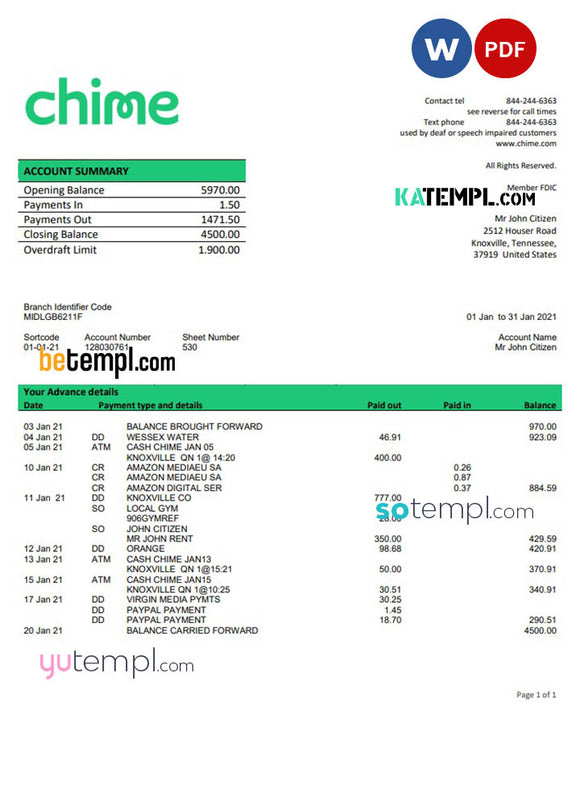 Chime Bank Statement Editable Psd Template Free