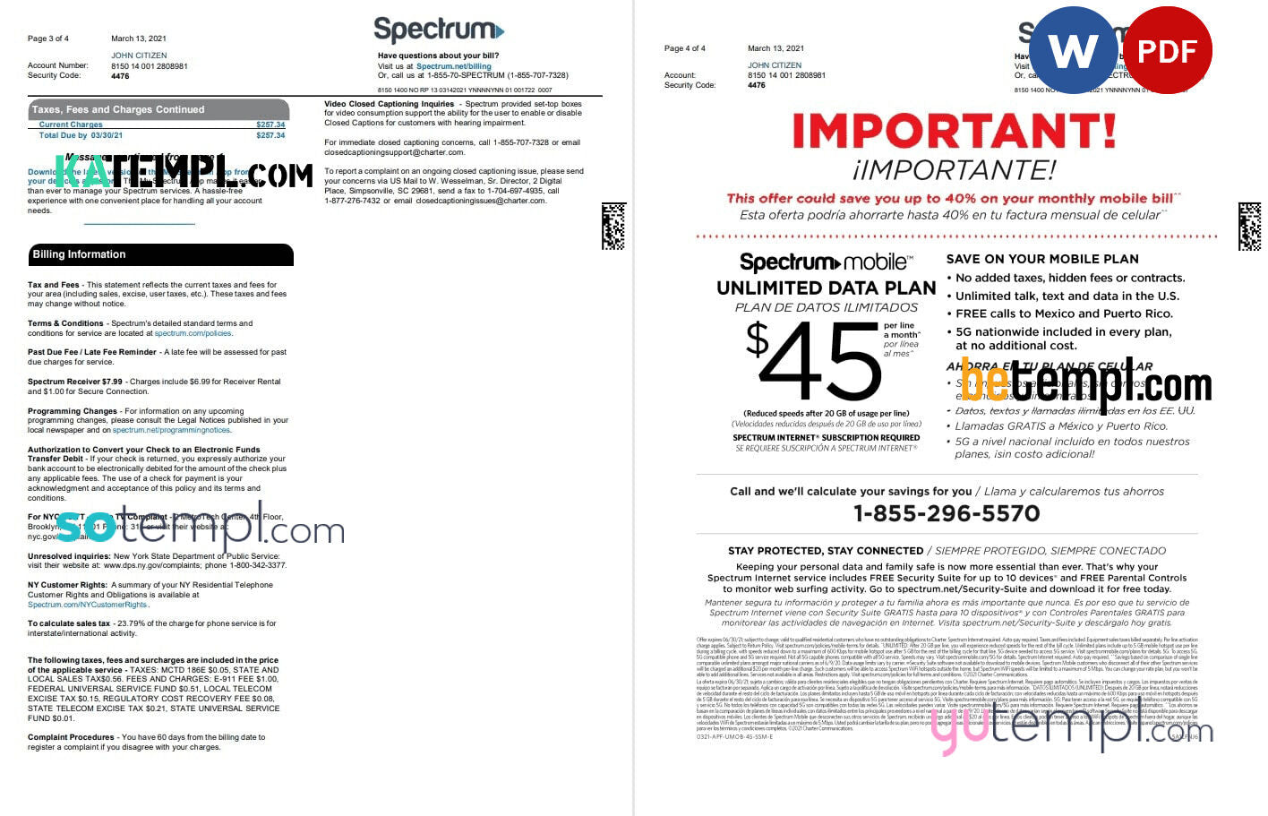 USA Spectrum utility bill template in Word and PDF format (4 pages