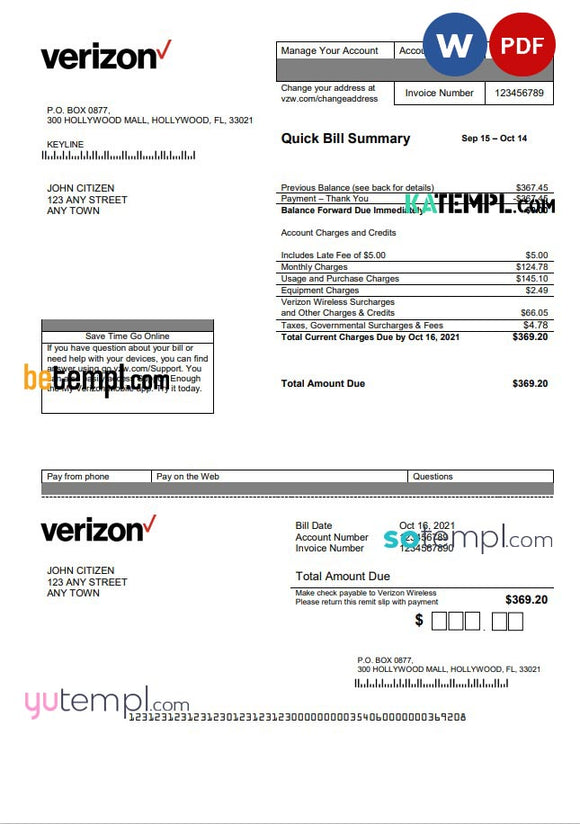 USA Verizon utility bill template in Word format, fully editable, vers