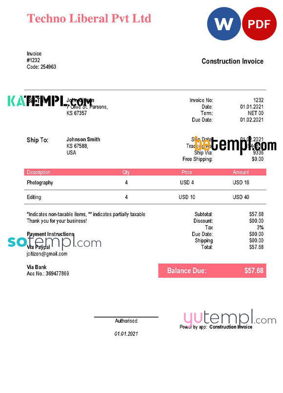 Usa Techno Liberal Pvt Ltd Invoice Template In Word And Pdf Format Fu Katempl 3680