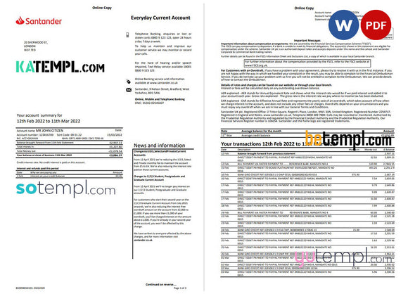 United Kingdom Santander Bank Statement Word And Pdf Template 3 Pages Katempl 2706