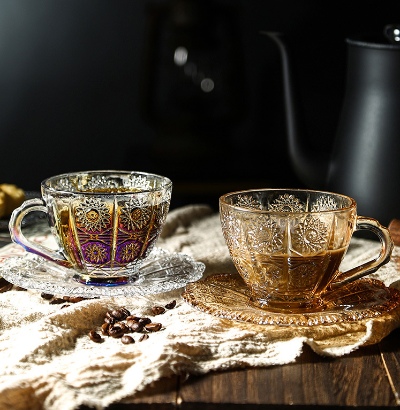 Colored Glass Coffee Cups and Saucer - Our Dining Table