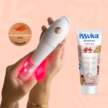 Woman holding Issviva product outdoors – promoting natural menopause support through daily wellness routines