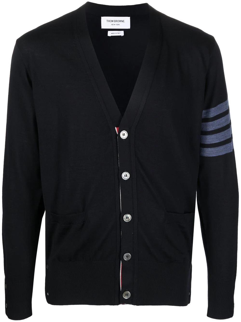 Thom Browne Classic V-neck Cardigan W/4 Bar Sleeve In Fine Merino Wool In Navy