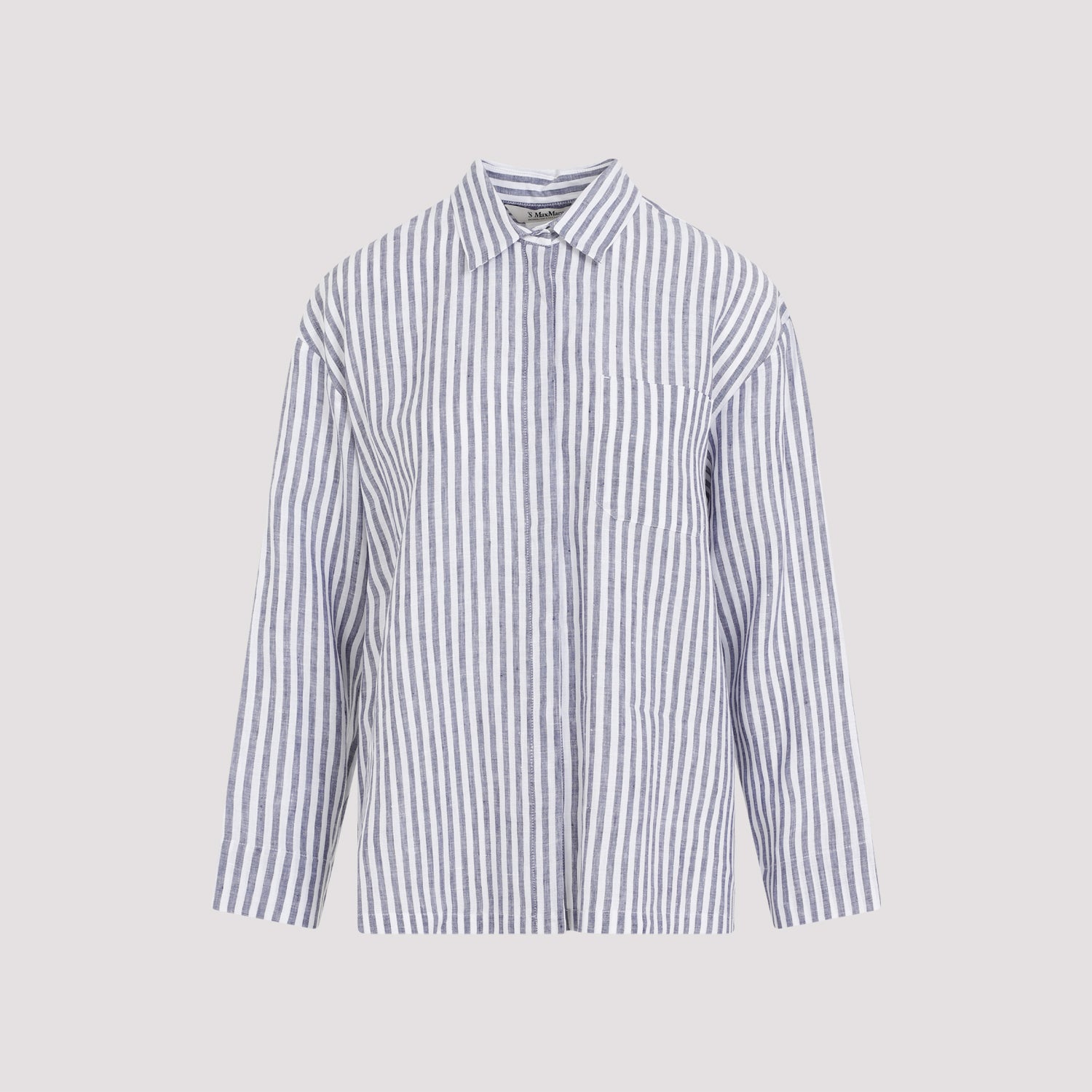 Max Mara`s White Blue Renania Striped Linen Shirt In Metallic