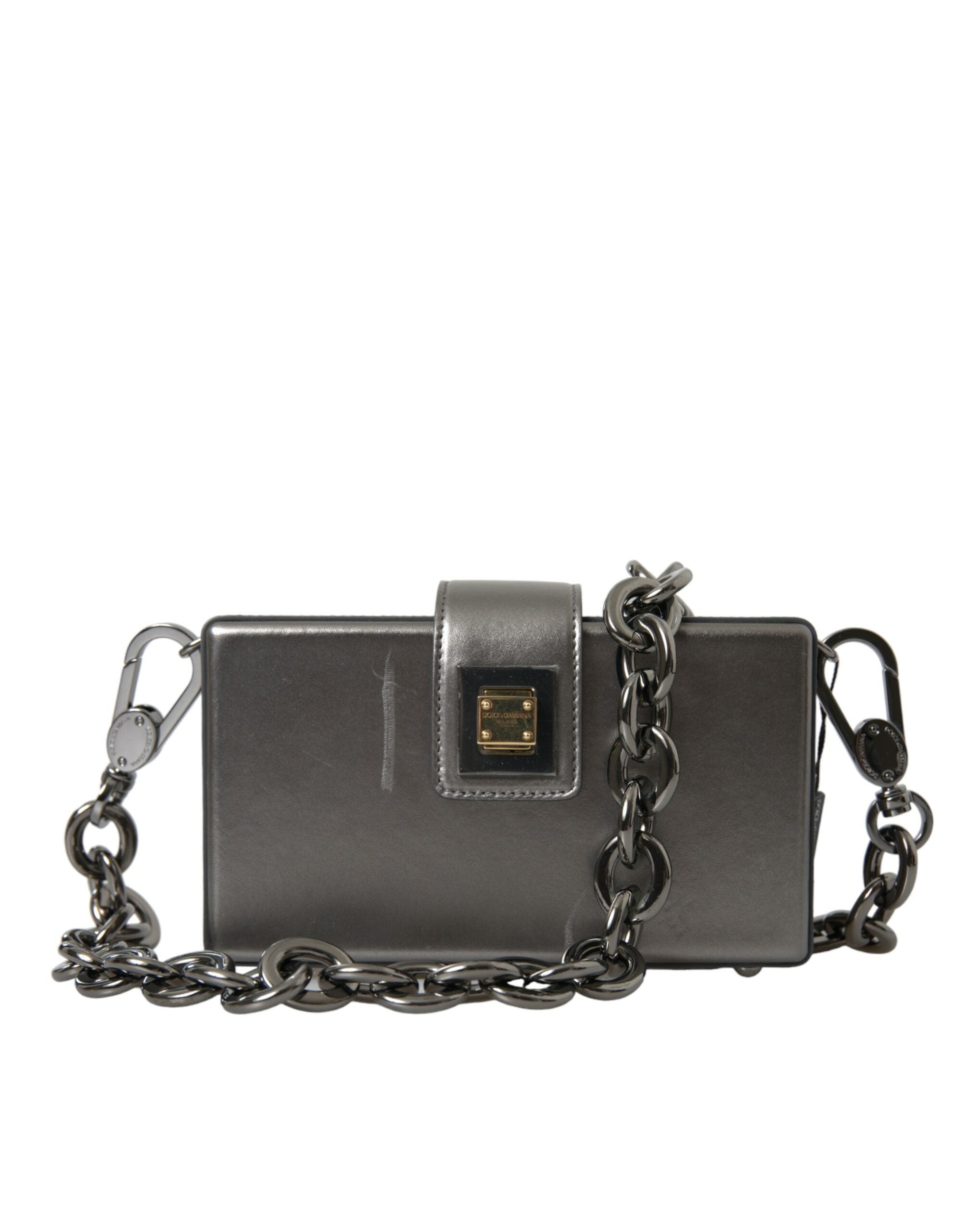 Dolce & Gabbana Metallic Gray Calfskin Shoulder Bag With Chain Strap