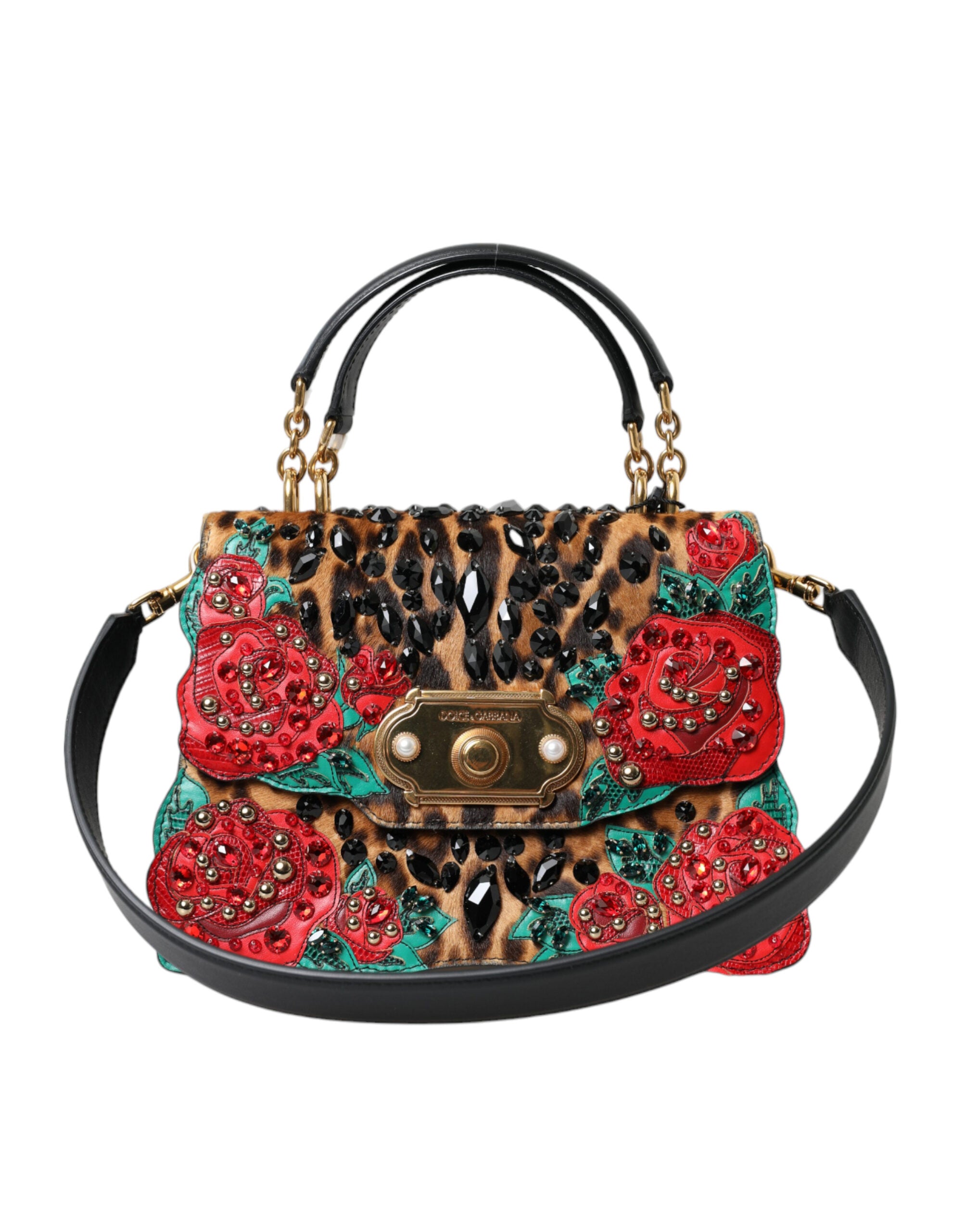 Shop Dolce & Gabbana Chic Leopard Embellished Tote With Red Roses
