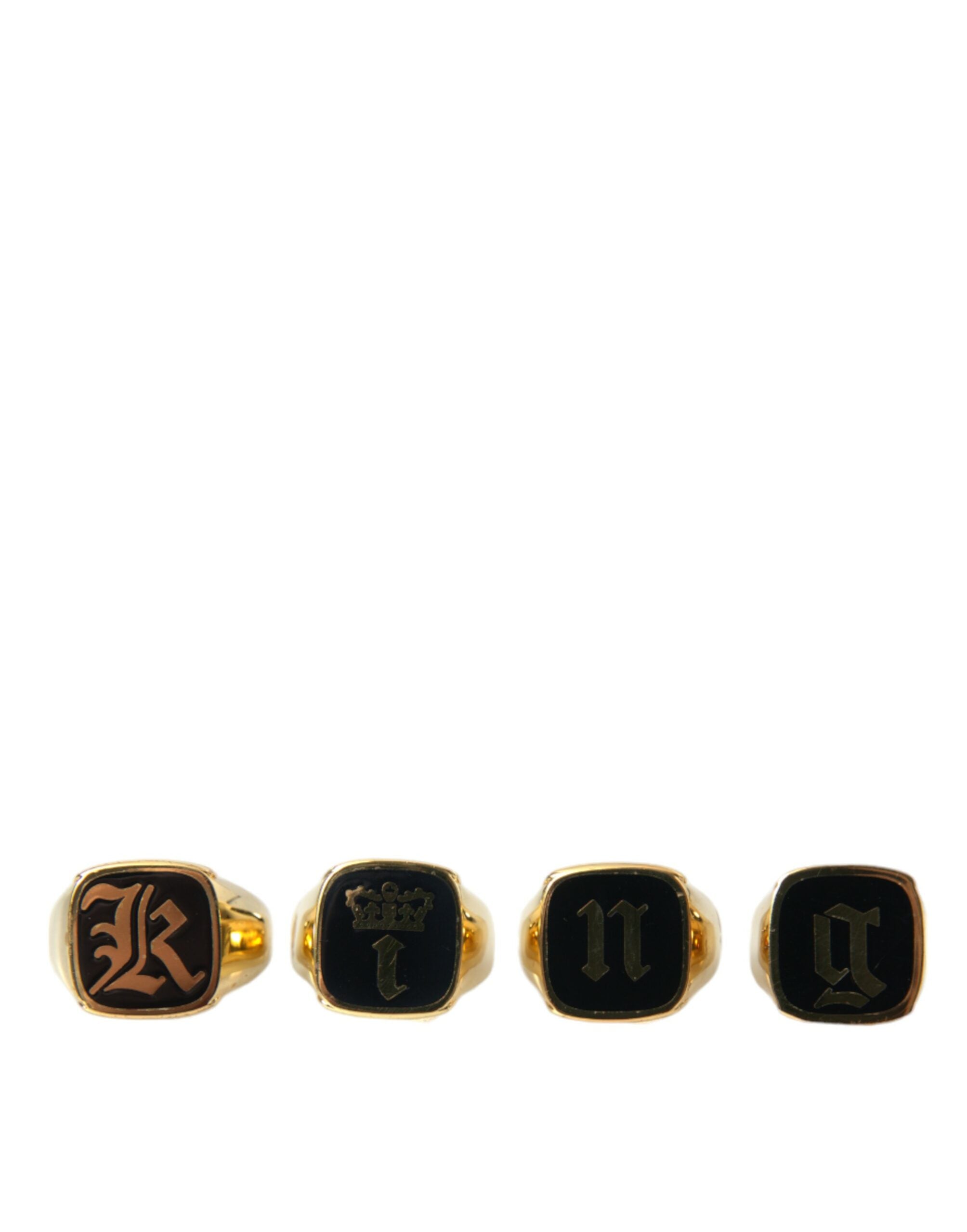 Dolce & Gabbana Gold Brass King Enamel Set Of 4 Ring In Black