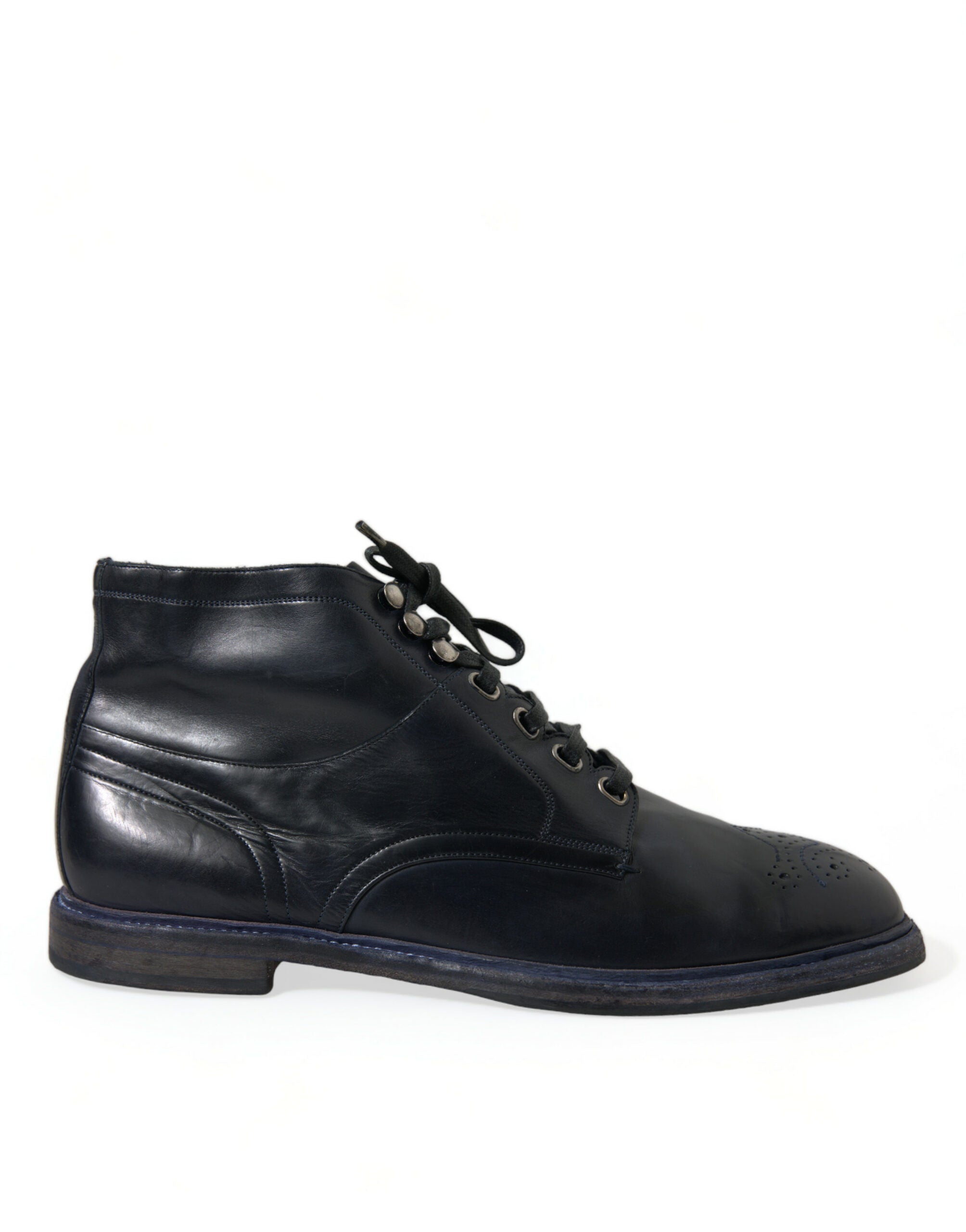 Dolce & Gabbana Navy Blue Leather Ankle Boots In Black