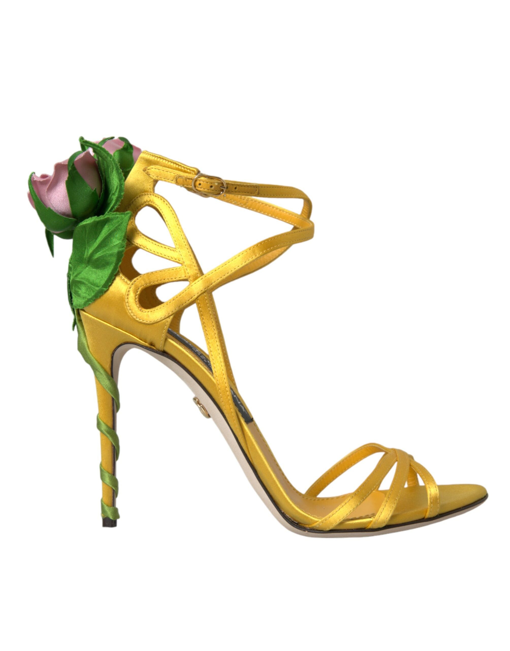 Shop Dolce & Gabbana Yellow Flower Satin Heels Sandals Shoes