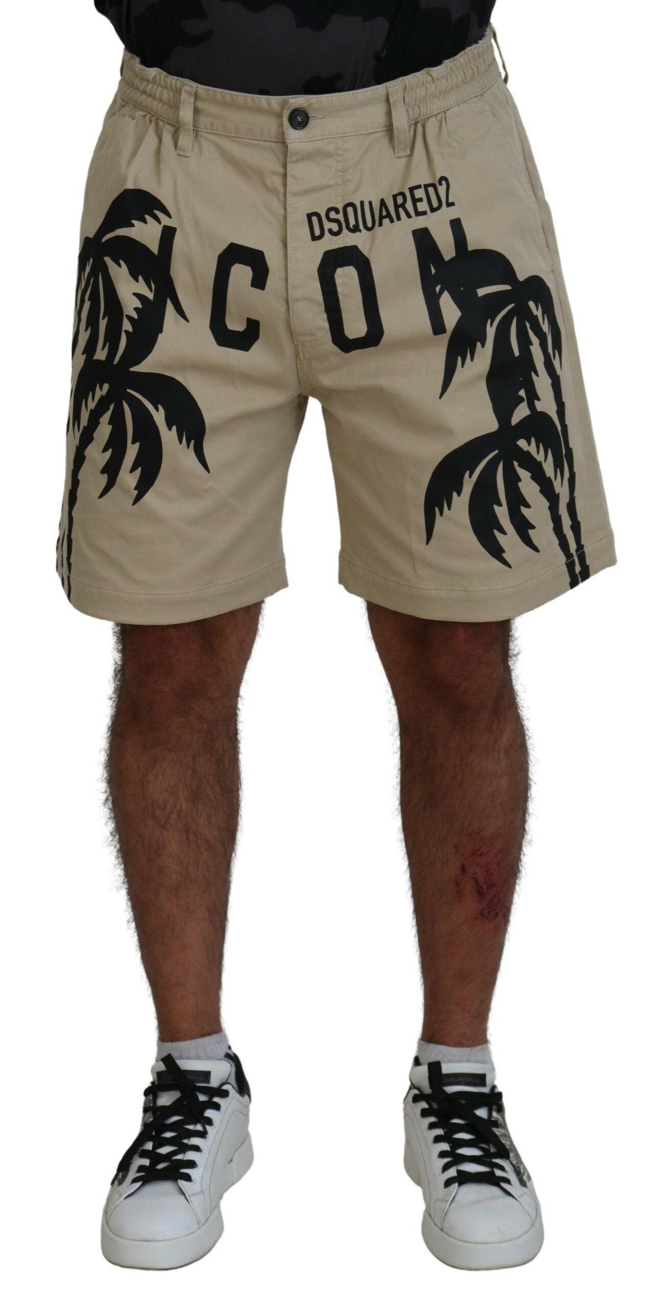 Dsquared² Beige Cotton Logo Printed Above Knee Shorts In Neutral