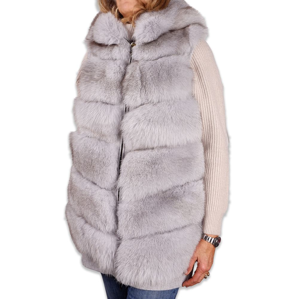 Made In Italy Sleeveless Luxury Wool Coat With Fox Fur Trim In Gray