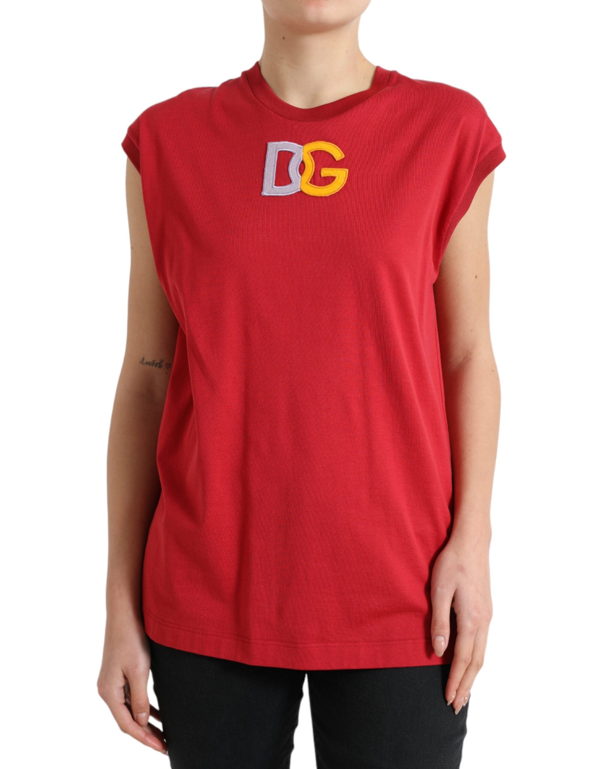 Shop Dolce & Gabbana Red Cotton Dg Logo Crew Neck Tank Top T-shirt