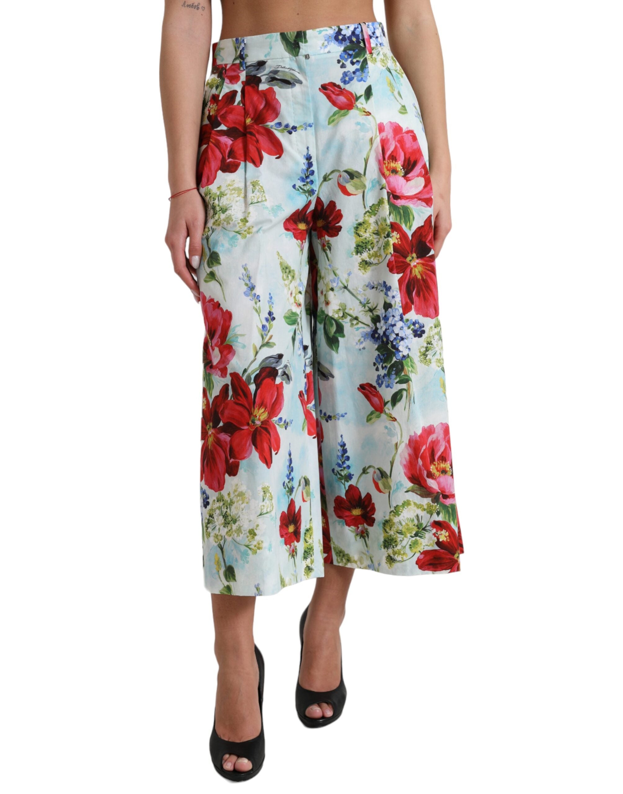 Shop Dolce & Gabbana Multicolor Floral High Waist Wide Leg Pants
