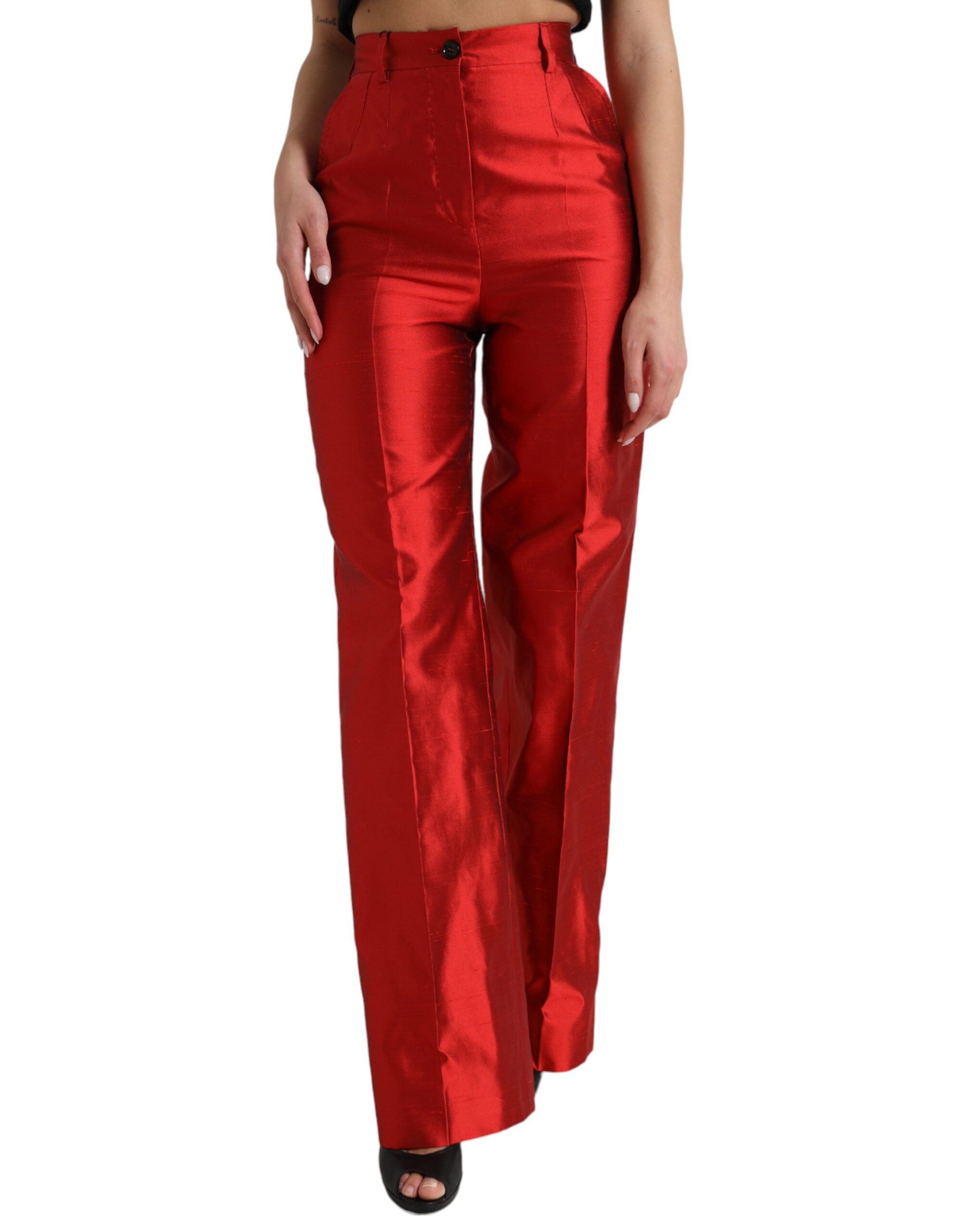 Shop Dolce & Gabbana Red Satin Silk High Waist Wide Leg Pants