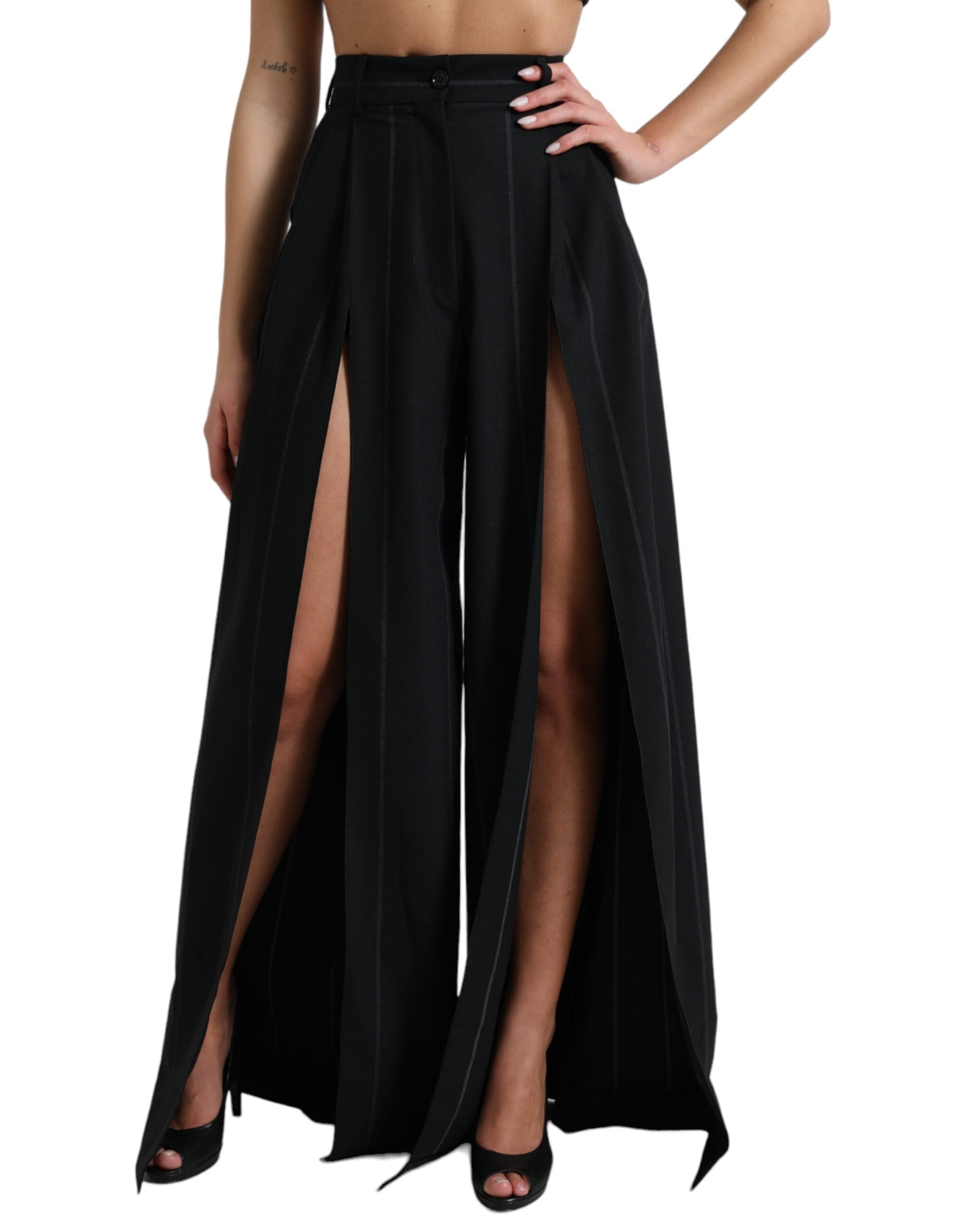 Shop Dolce & Gabbana Black High Waist Front Slit Wide Leg Pants