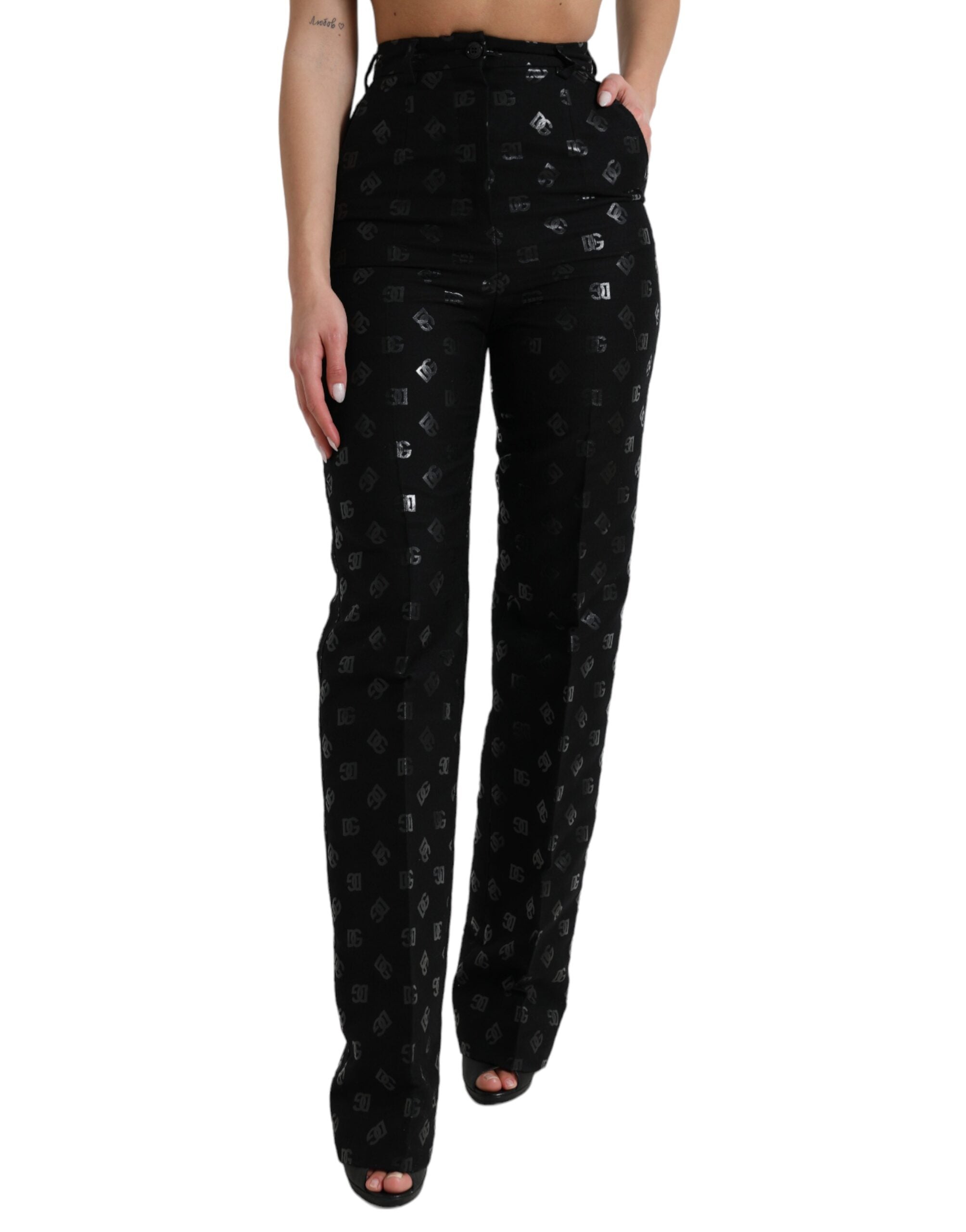 Shop Dolce & Gabbana Black Wool Dg Logo High Waist Straight Pants