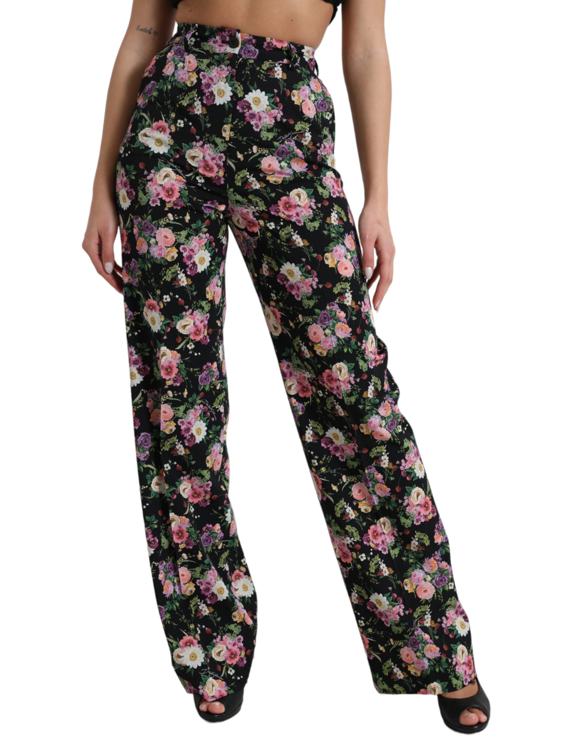 Shop Dolce & Gabbana Black Floral Wool High Waist Wide Leg Pants