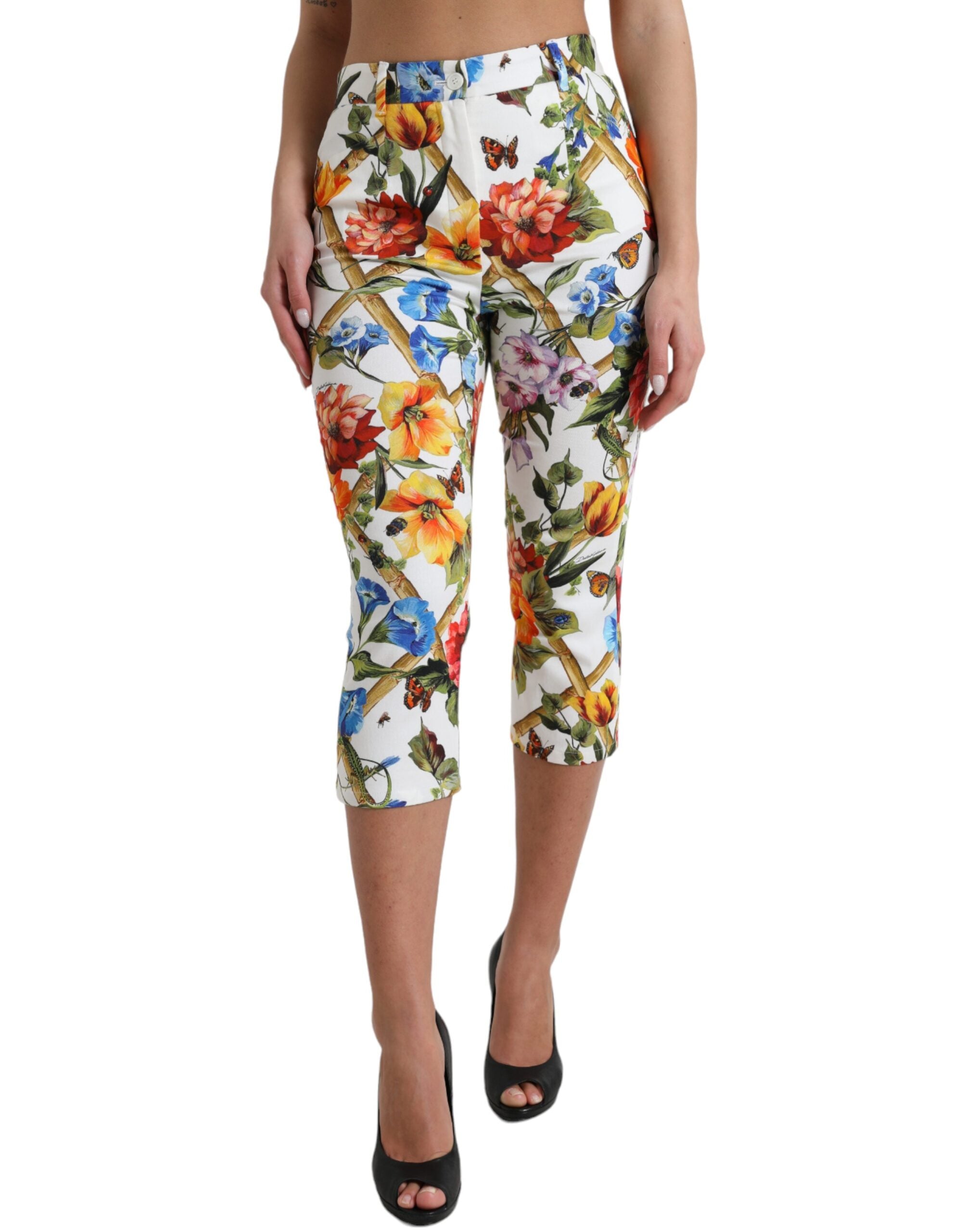 Shop Dolce & Gabbana White Majolica Print High Waist Cropped Pants