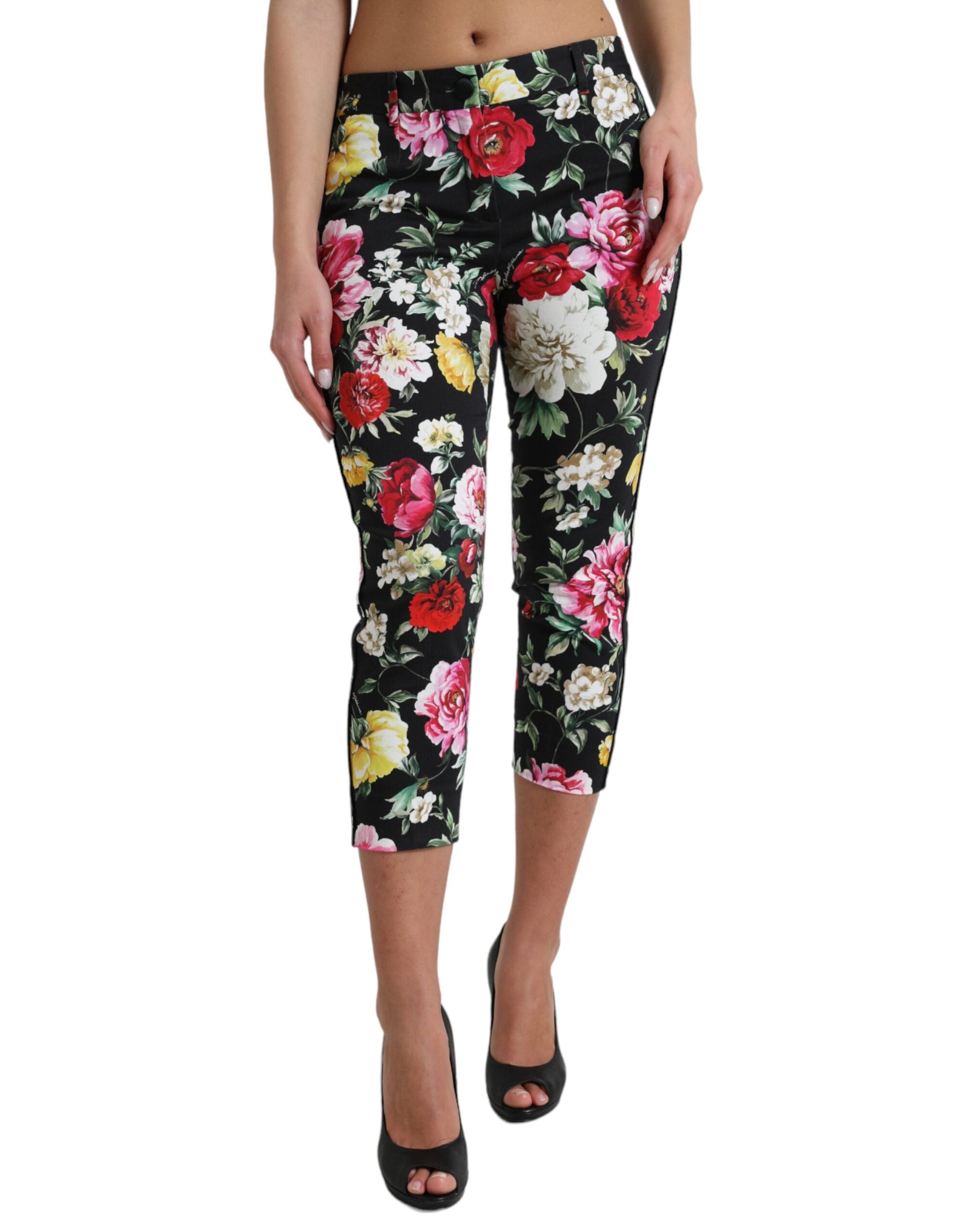 Shop Dolce & Gabbana Black Floral Print Mid Waist Cropped Pants