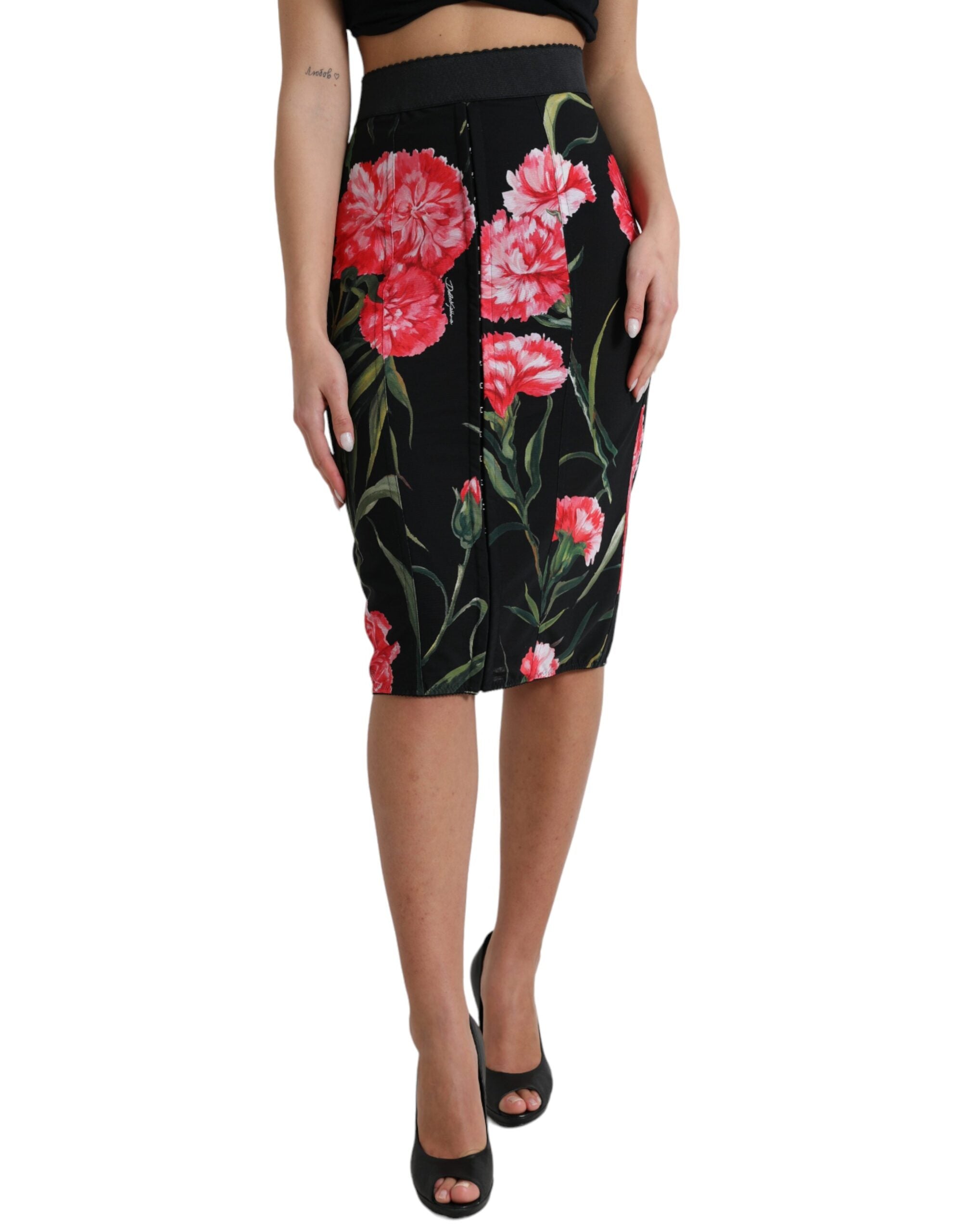 Dolce & Gabbana Black Carnation Pencil Cut Knee Length Skirt - IT46|XL