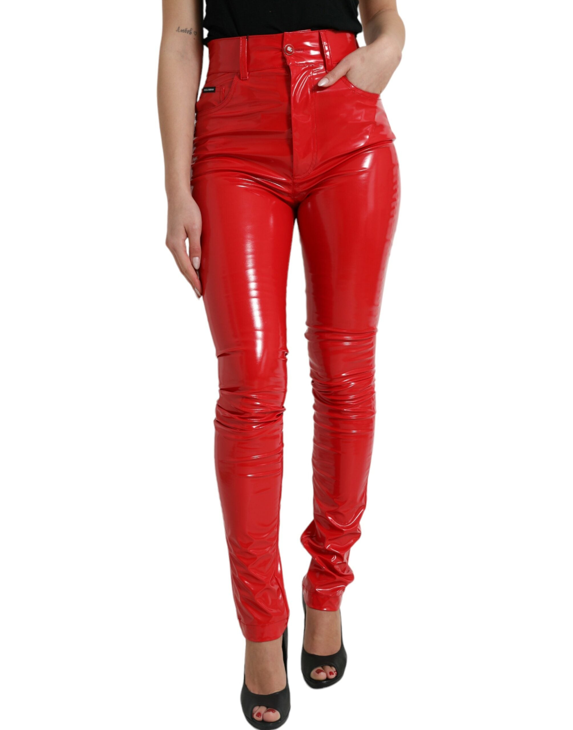 Shop Dolce & Gabbana Shiny Red High Waist Skinny Pants