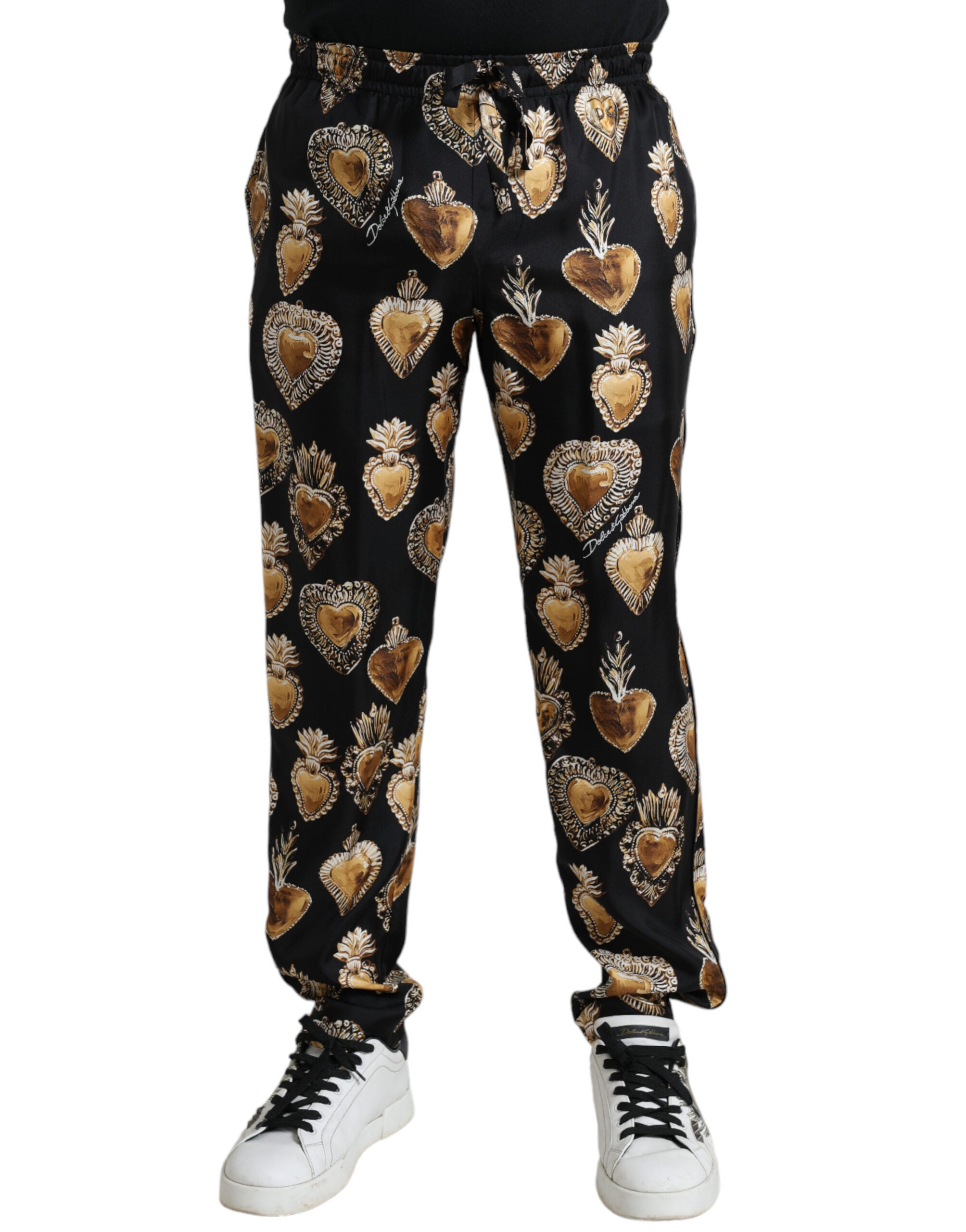 Shop Dolce & Gabbana Black Heart Print Silk Men Pajama Pants