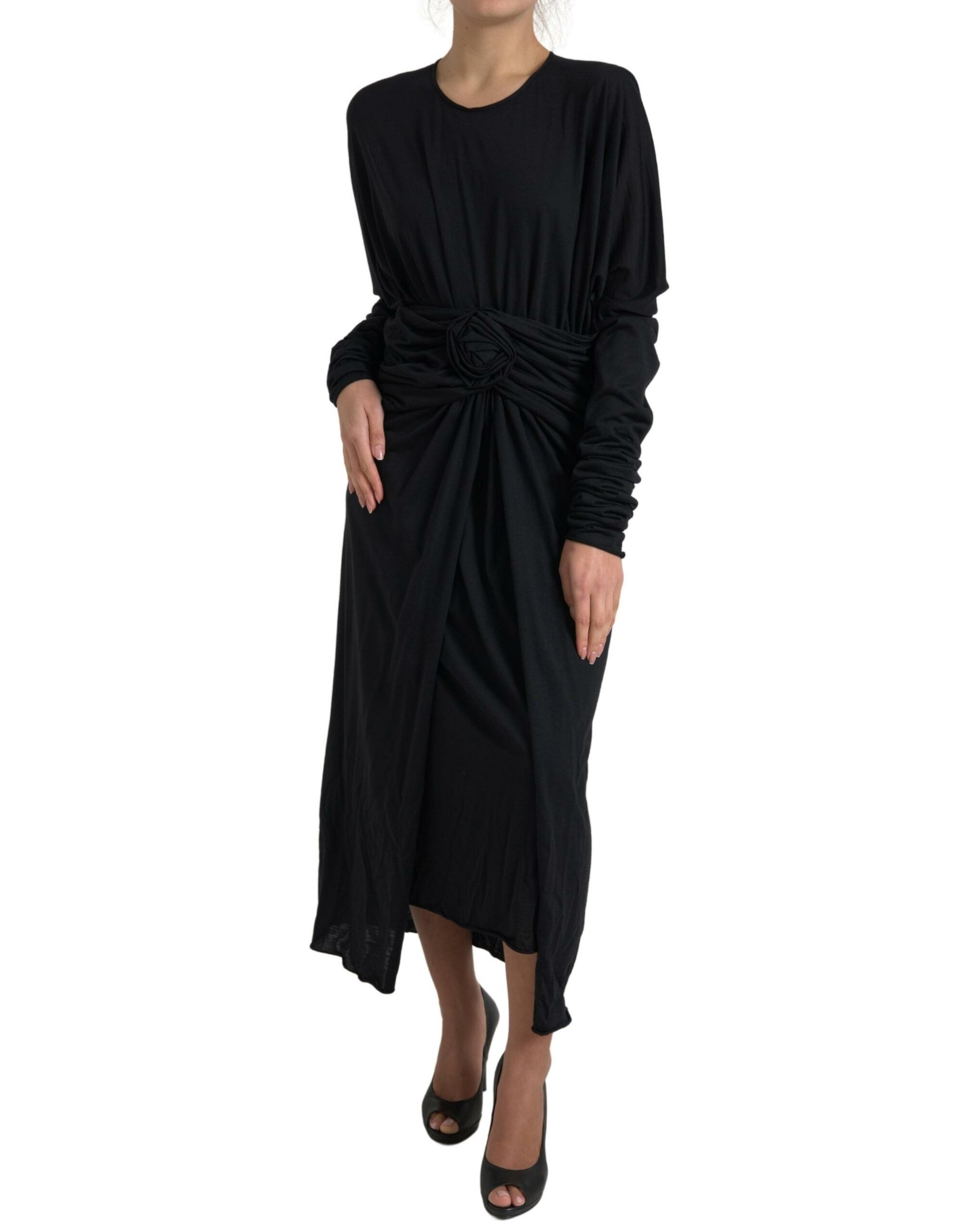 Black Wool Wrap Sheath Midi Gown Dress - IT44 | L