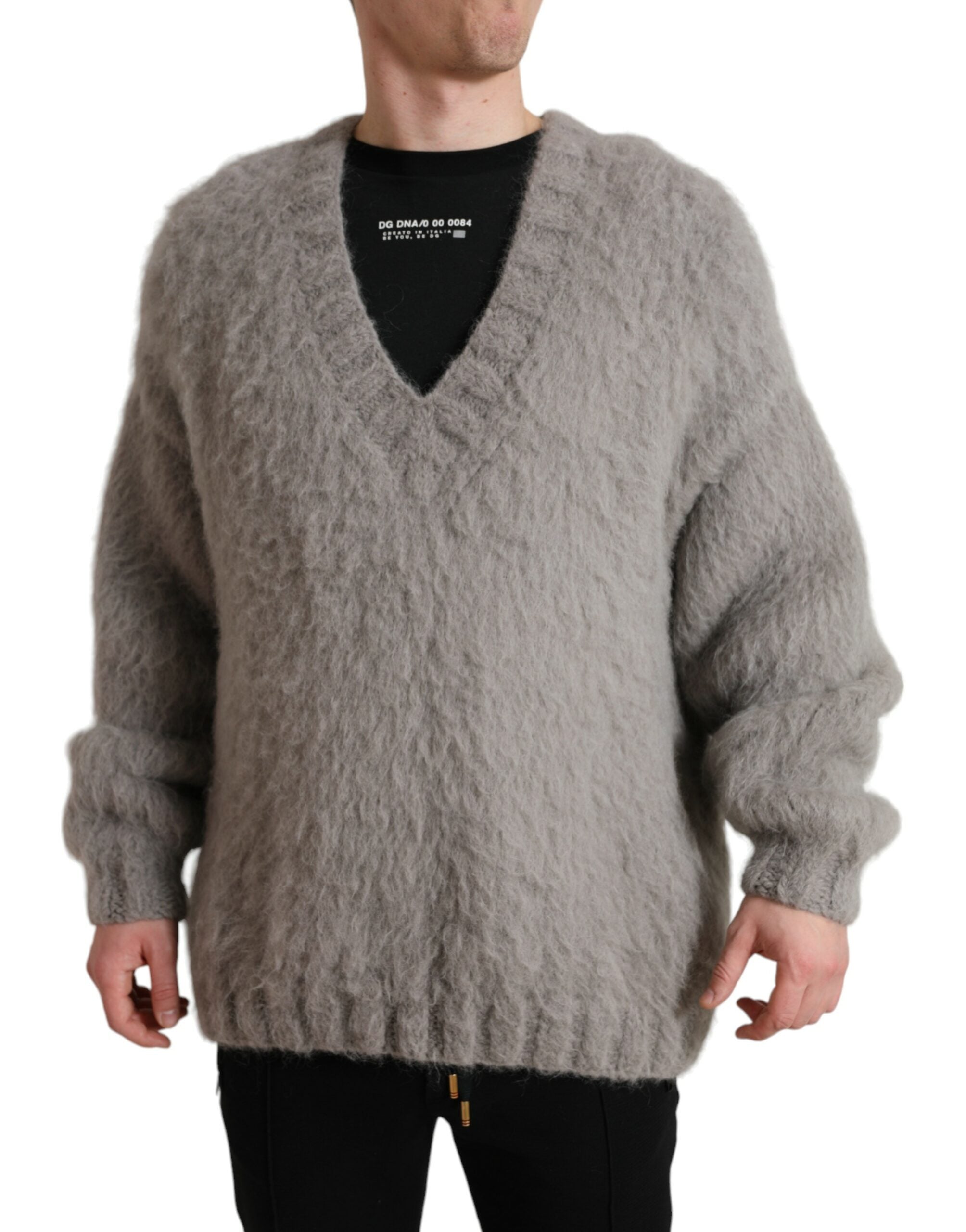 Dolce & Gabbana Gray Alpaca Fur V-neck Men Pullover Sweater - IT48 | M