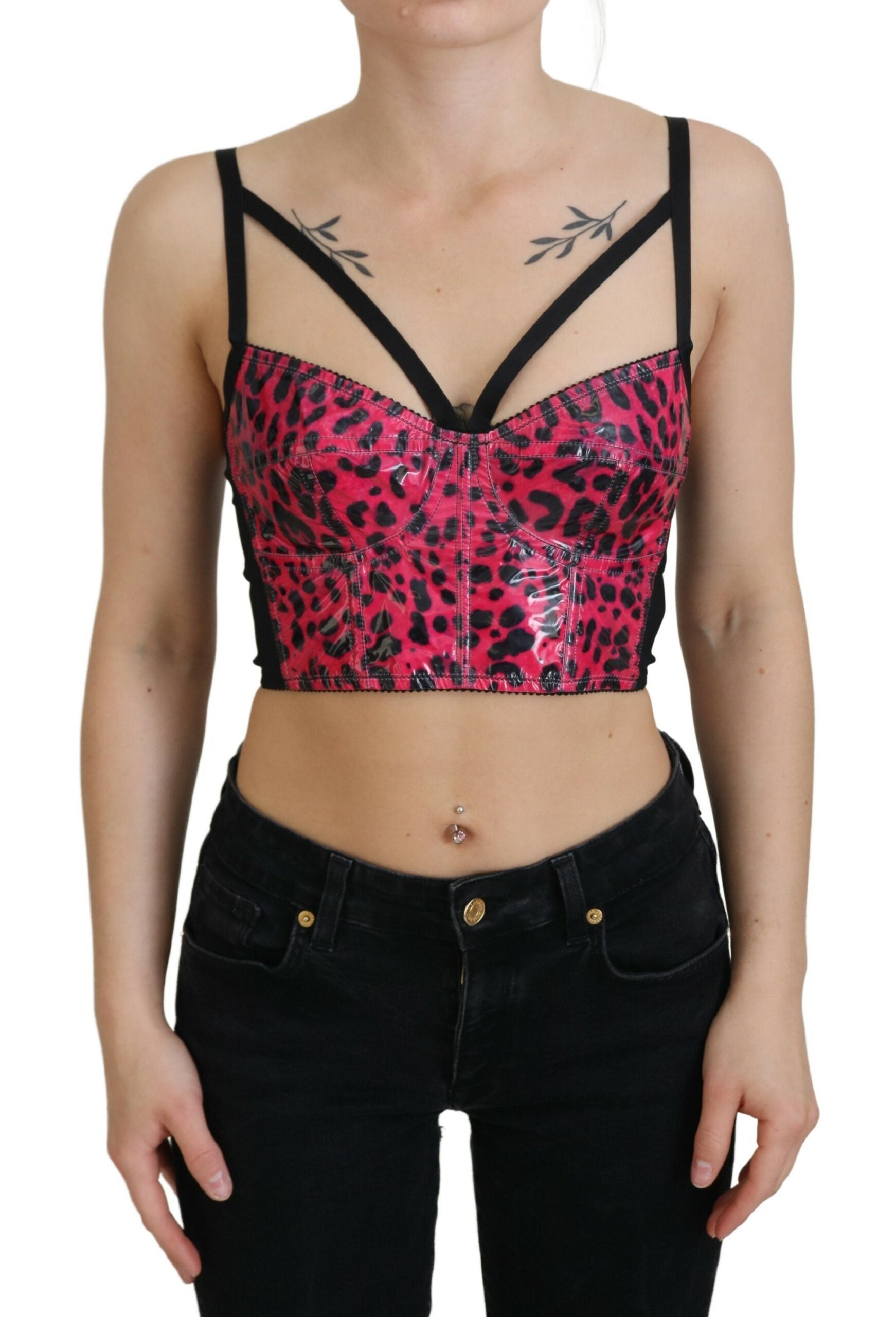 Dolce & Gabbana Pink Leopard Print Cropped Bustier Corset Top - IT40|S