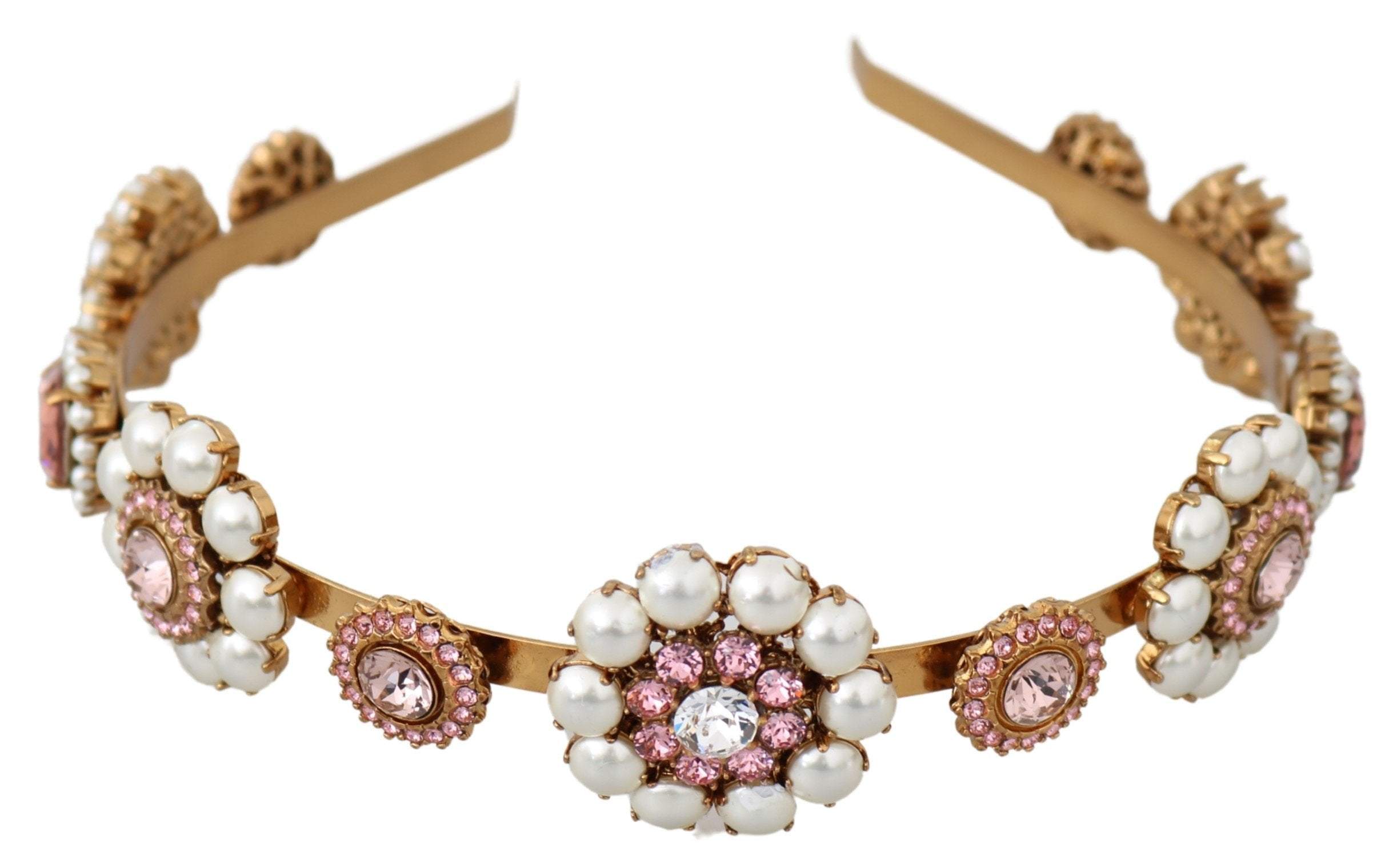 Dolce & Gabbana  Gold Tiara Crystal Floral Pearl Headband Logo Diadem